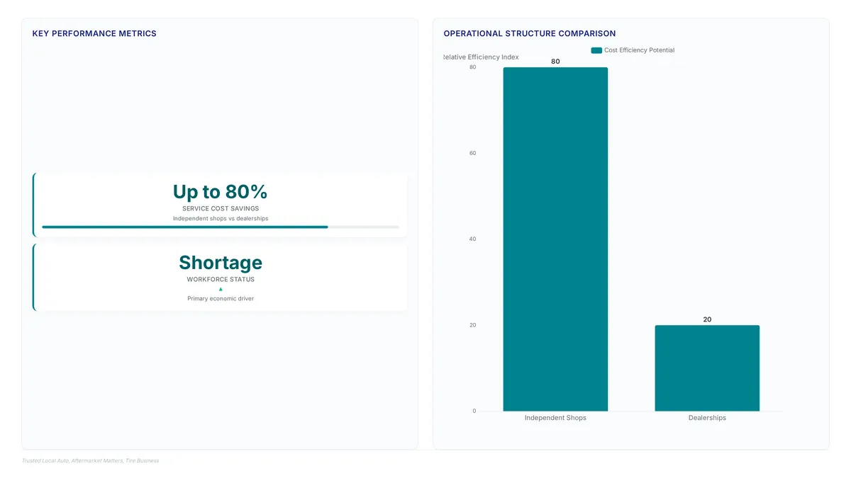 Charts showing independent shops offer up to 80% savings compared to dealerships due to lean structures, alongside metrics highlighting workforce shortage as a key industry driver.