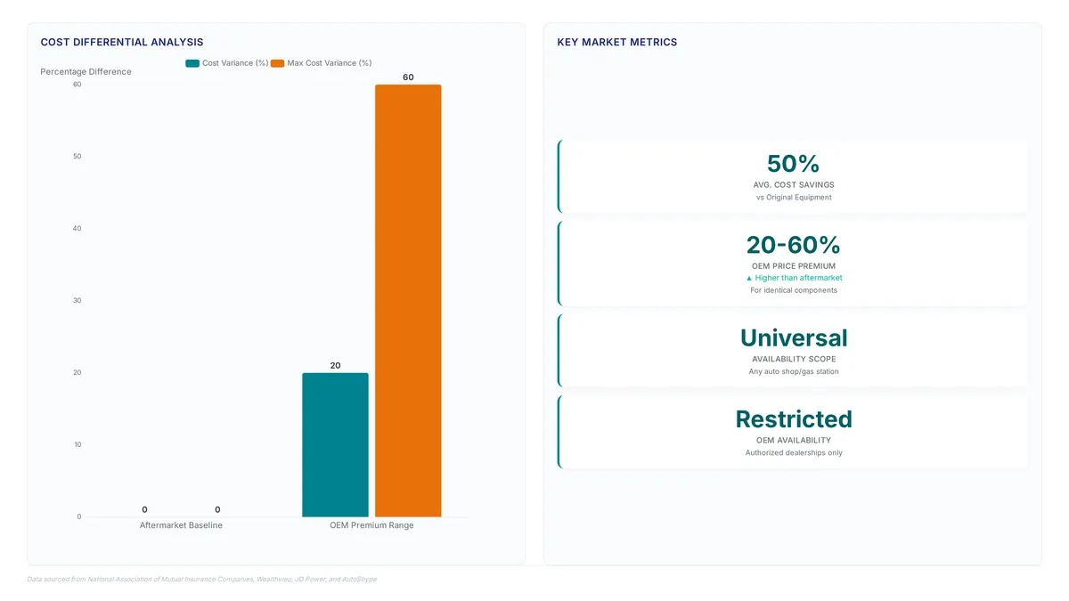 Charts comparing aftermarket and OEM parts showing 50% average cost savings for aftermarket, a 20-60% price premium for OEM parts, and universal availability for aftermarket versus restricted dealership access for OEM.